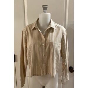 Everlane  Organic Beige White Crop Button Down Stripe Long Sleeve Shirt‎  Size S